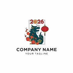 Chinese New Year 2026 Dragon Logo Template with Lanterns.