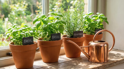 Indoor Herb Gardening with Basil Plants on Windowsill and Copper Watering Can