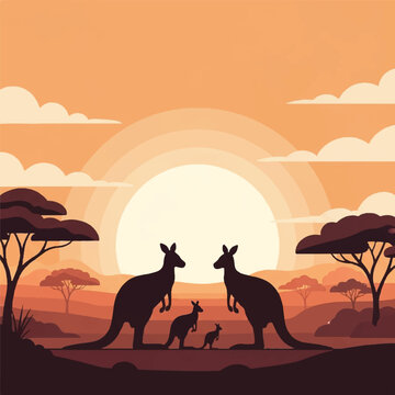 Kangaroos standing together in a serene Australian outback landscape at sunset