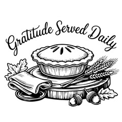 Gratitude Served Daily Thanksgiving Pie and Autumn Elements Illustration