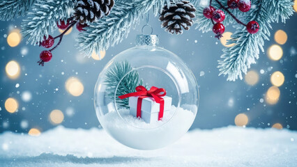 Christmas ornament with gift and snow inside glass ball