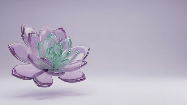 Stylized 3D render of a translucent purple and green glass-like lotus flower with copy space