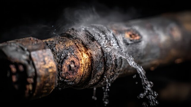 A rusty, old pipe is leaking water and steam against a dark background. Useful for illustrating plumbing problems, decay, or home repair needs.