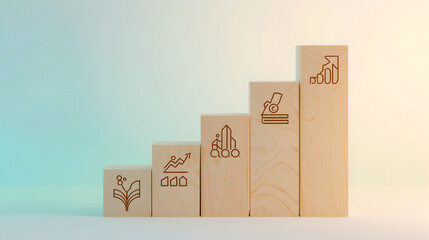 Wooden block bar chart with business icons showing growth and scientific research development.