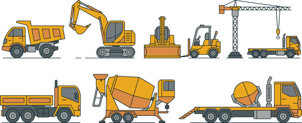 Construction equipment set with excavator crane dump truck concrete mixer flat vector illustration heavy machinery collection © Md Nayim islam