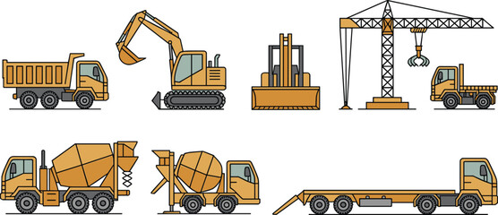 Construction equipment set with excavator crane dump truck concrete mixer flat vector illustration heavy machinery collection © Md Nayim islam