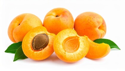 A bright, clean studio shot of whole and halved apricots with green leaves on white.