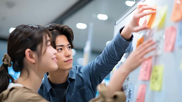 プロジェクトの方向性を指差して確認する日本人チーム