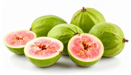 A group of seven green and pink feijoa fruits, some whole and some halved, isolated.