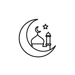 Obraz premium Islamic crescent moon with mosque and star icon, simple line art
