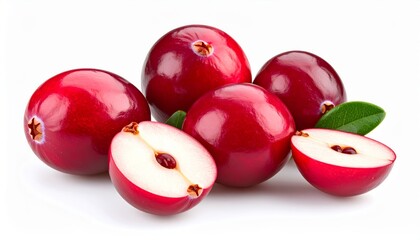 A group of vibrant, glossy cranberries, some whole and some halved, on a white surface.