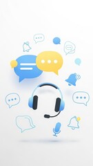 Minimal abstract customer support icons such as chat bubbles, headset, and notifications floating on a white background, symbolizing always-available SaaS assistance and user-focused service design
