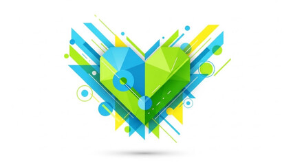 Abstract geometric heart shape vibrant digital art with blue and green polygons representing love and technology for modern design