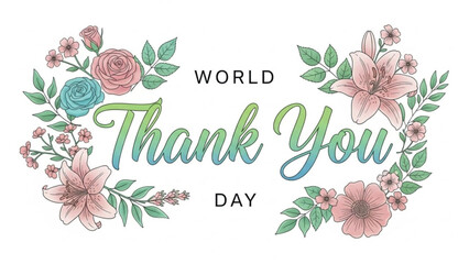 World Thank You Day floral illustration with elegant script text perfect for greeting cards social media posts and event invitations