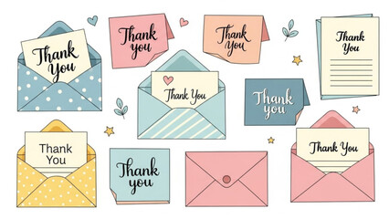 Collection of Thank You notes and envelopes hand-drawn illustration for greeting cards and appreciation messages pastel colors on white background