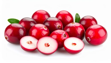 A vibrant display of whole and halved cranberries showcases their striking color and