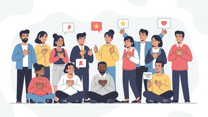 Diverse group of people showing appreciation and gratitude with heart gestures and positive feedback icons representing community and support flat vector illustration