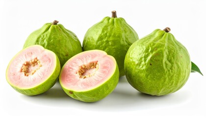 A vibrant group of guava fruits, with two halved, showcasing their pink interior flesh.