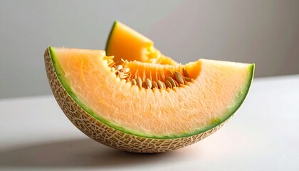 Close-up showcases a vibrant, juicy cantaloupe slice with visible seeds on a surface.