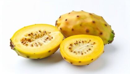 Close-up showcases golden prickly pears, one cut in half, revealing its juicy interior.