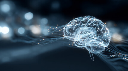 Futuristic neural network interface with digital brain and flowing data streams