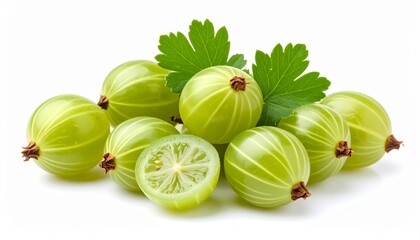 Close-up shows gooseberries with leaves on a white background, some cut in half, fresh