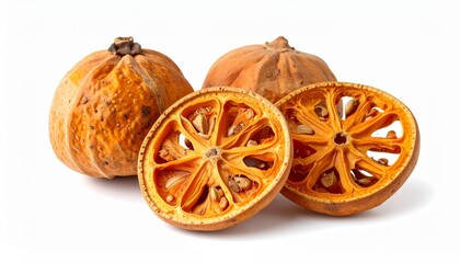 Dried bael fruit still life with whole and halved segments arranged on white background.
