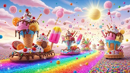 Obraz premium Whimsical Candy Land: Rainbow Road with Ice Cream, Lollipops, and Cotton Candy
