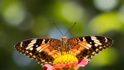 Fototapeta premium A butterfly with orange and black wings rests on a pink and yellow flower