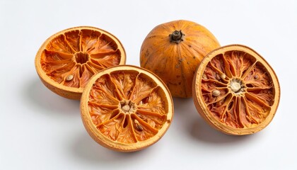 Dried orange slices and whole fruit create an autumnal, warm and rustic composition.