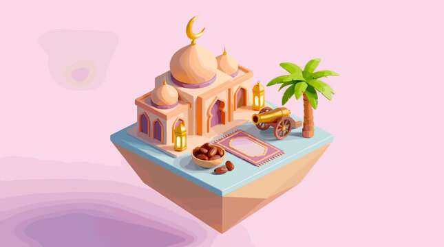 3D isometric illustration of a mosque with a crescent moon, palm tree, lanterns, cannon, prayer mat, and dates on a floating island, symbolizing Islamic culture and Ramadan.
