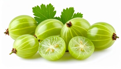 Fresh green gooseberries, whole and halved, displayed with leaves on white surface.