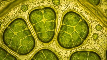 Microscopic view of green plant cells filled with chloroplasts and bubbles