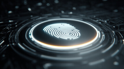 Glowing security panel with fingerprint scanner and shield protection concept