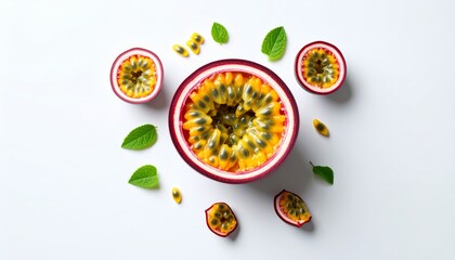 Passion fruit halves and mint leaves display freshness with a clean, bright aesthetic.