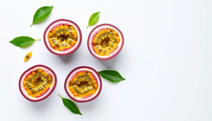 Passion fruit halves arranged with leaves on a white background displaying tropical