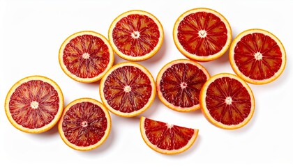 Overhead shot shows sliced blood oranges with vibrant red segments on a white surface.
