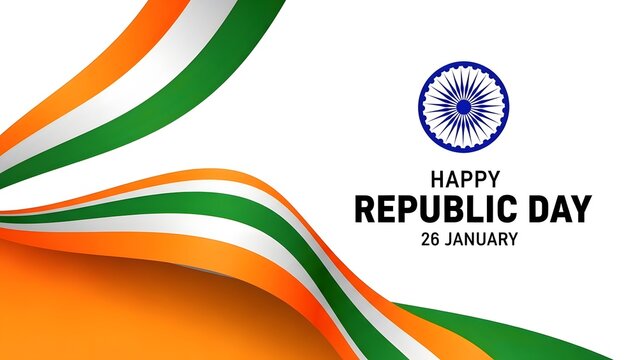 Happy Republic Day 26 January greeting with Indian flag colors and Ashoka Chakra on a white background.