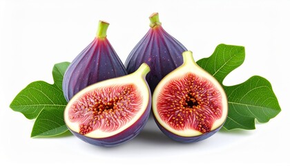 Three fresh figs, two whole and one sliced, presented with green leaves on white
