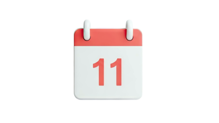 3D Calendar page with the number 11 on transparent background