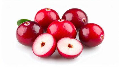 Vibrant group of cranberries, with one cut in half, displayed on a stark white background.