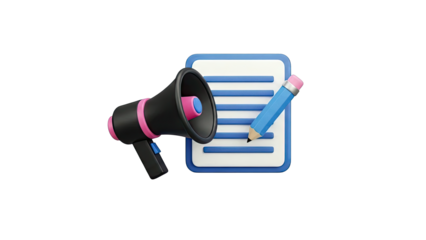 3D Illustration of Megaphone, Document, and Pencil