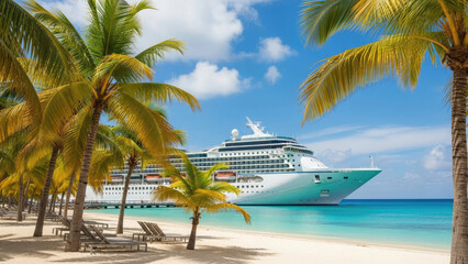 Luxury cruise ship anchored near tropical beach with palm trees