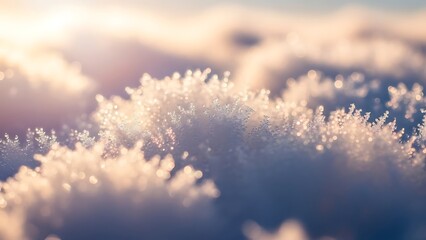 Closeup of frost crystals on snow illuminated by soft warm sunlight