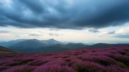 grampian. A vast landscape of mountains covered in blooming purple heather under a moody sky. travel magazines, destination branding, designed for travel destination branding, used by photographers.