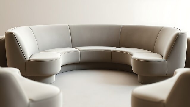 contrapositive. A minimalist, flowing arc of upholstered seating on a blurred neutral background. real-estate listings.