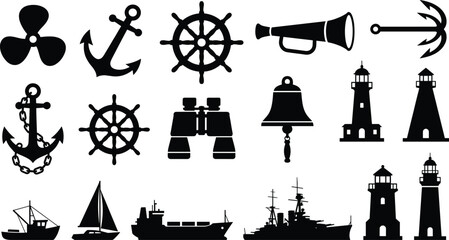 Nautical maritime silhouettes set with anchors ship wheels lighthouses ships binoculars megaphone isolated on white background ocean illustration vector collection © Shahariar's World