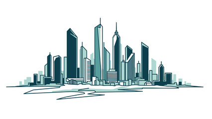 Fototapeta premium A stylized illustration of a modern city skyline with numerous tall skyscrapers in varying shades of blue and teal.
