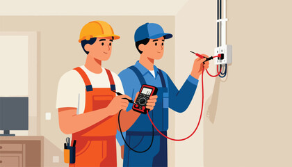 Two electricians in safety gear test electrical outlet with multimeters