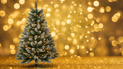 Frosted Christmas tree with warm golden lights on sparkling background